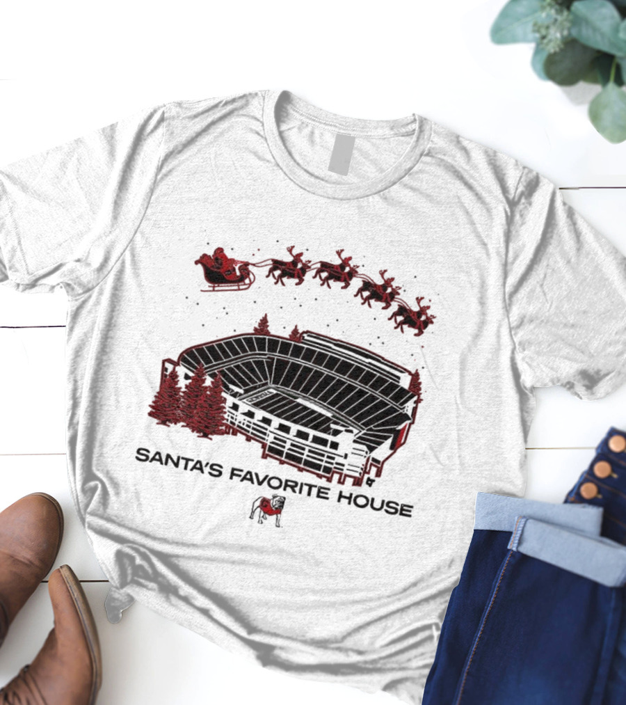 Santa's Favorite House Georgia Bulldogs Sanford Stadium Holiday Scene T-Shirt