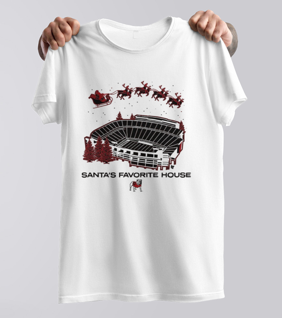 Santa's Favorite House Georgia Bulldogs Sanford Stadium Holiday Scene T-Shirt