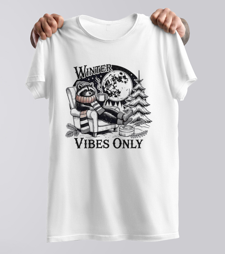 Winter Vibes Only Cute Raccoon By Christmas Tree T-Shirt