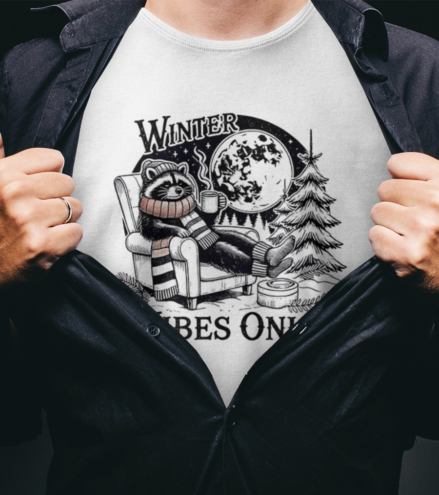Winter Vibes Only Cute Raccoon By Christmas Tree T-Shirt