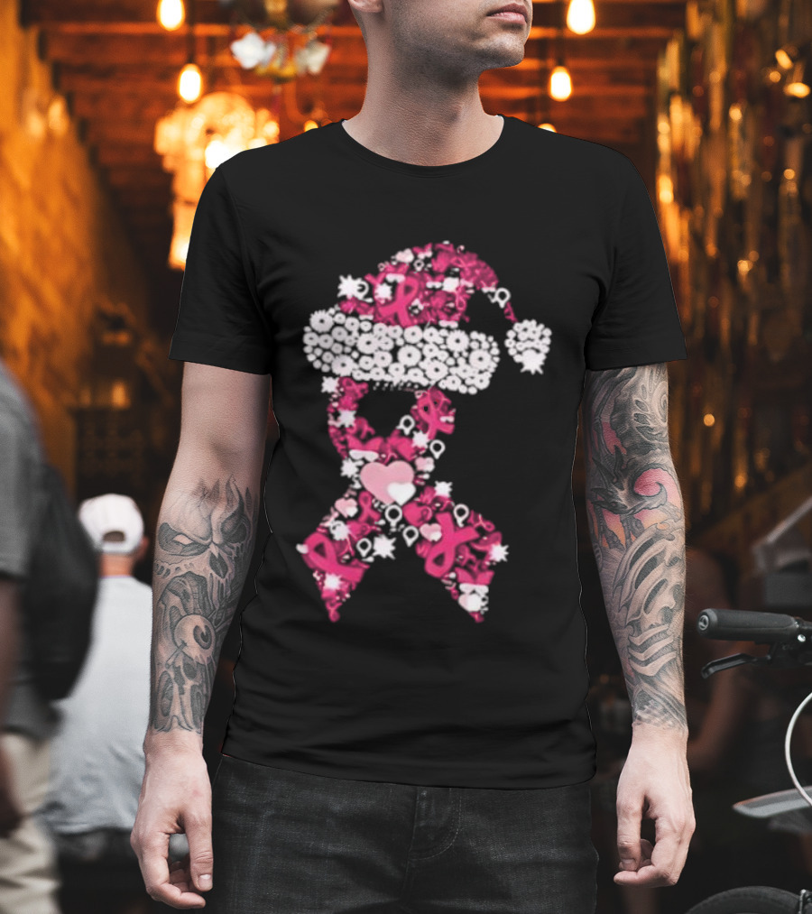 Santa Hat Breast Cancer Awareness Christmas Ribbon T-Shirt