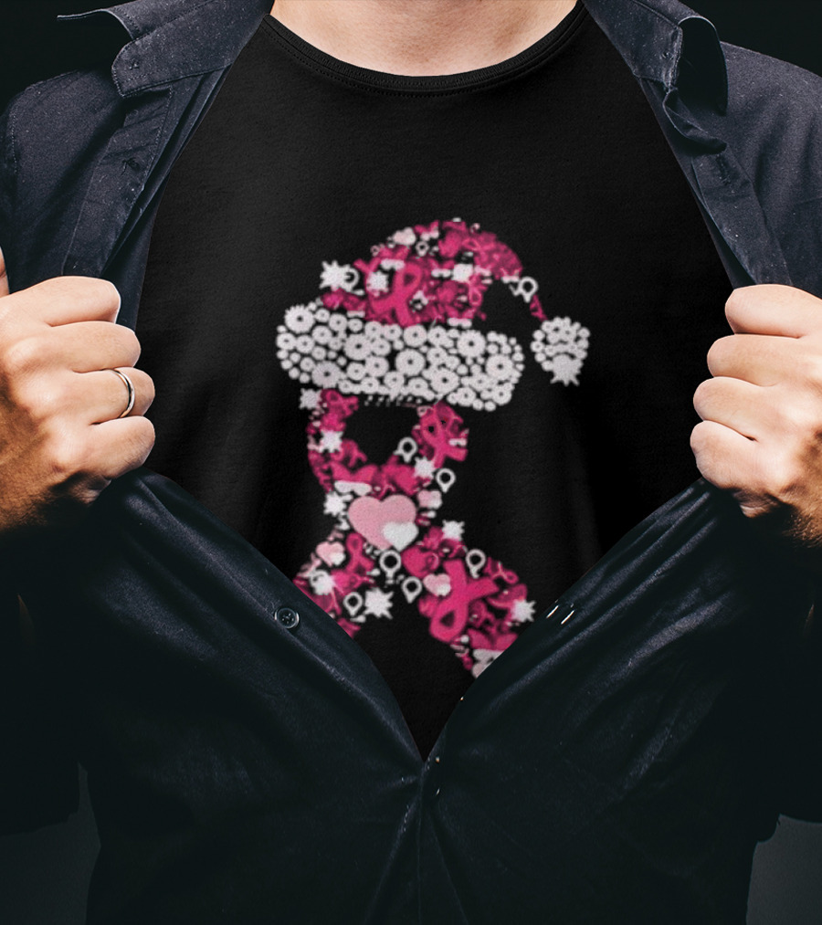 Santa Hat Breast Cancer Awareness Christmas Ribbon T-Shirt