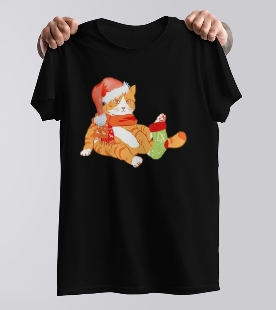 Cute Christmas Orange Cat Santa Hat Festive Stocking T-Shirt