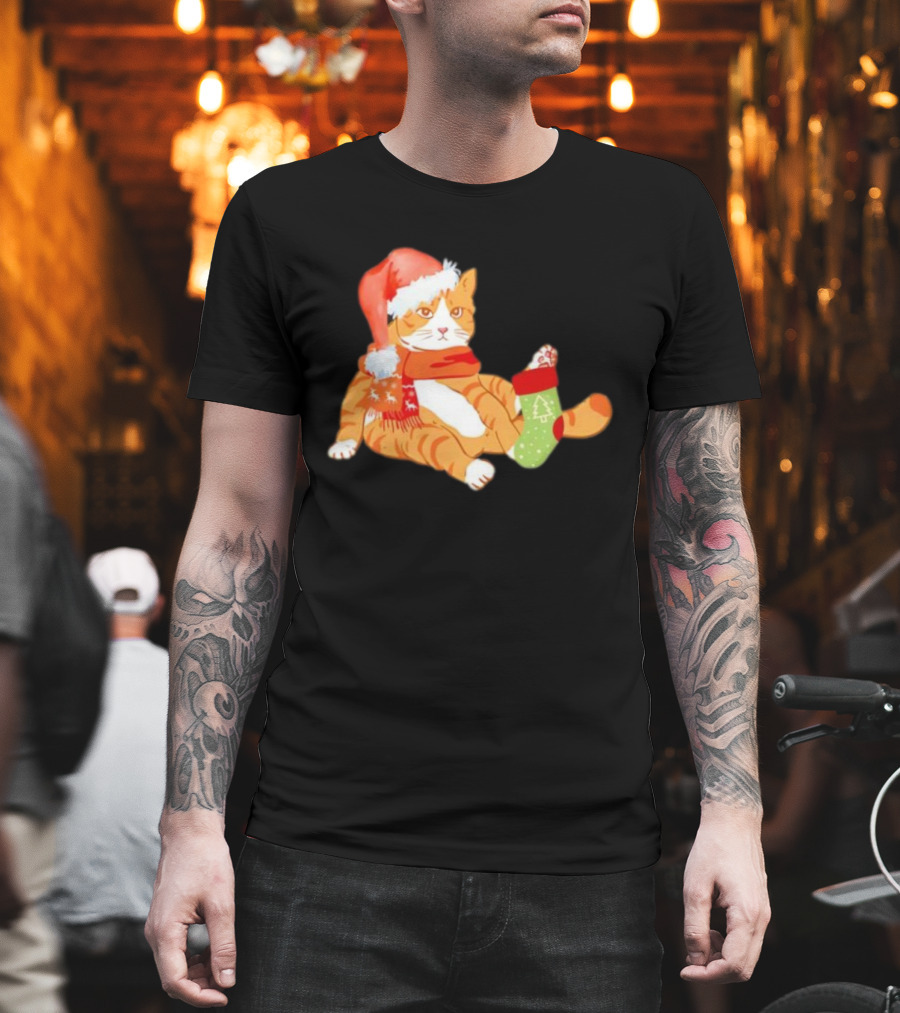 Cute Christmas Orange Cat Santa Hat Festive Stocking T-Shirt