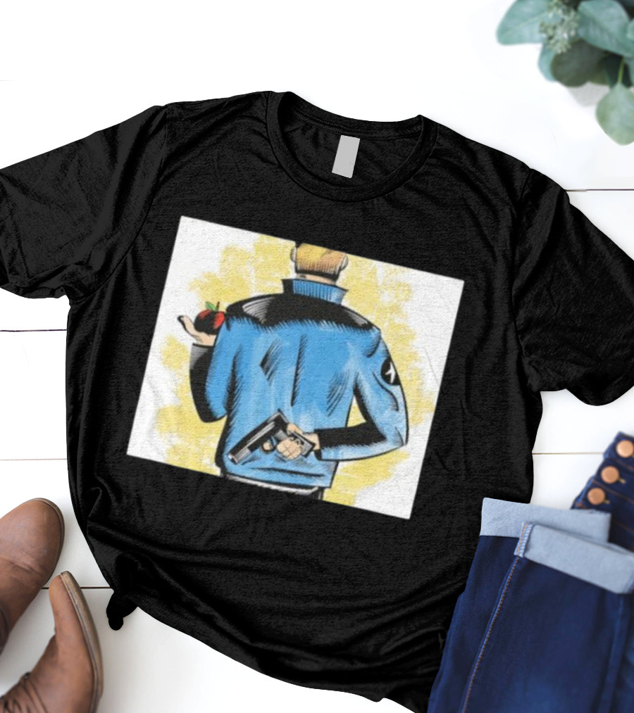 Deny Defend Depose Stylish Jacket Man Holding Gun And Apple T-Shirt
