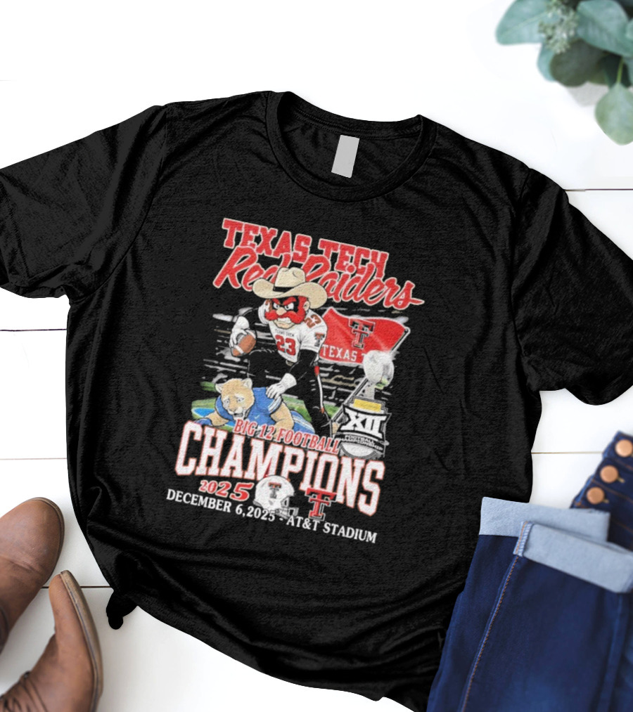Texas Tech Red Raiders Big 12 Football Champions 2025 Victory Over Brigham Young Cougars December 6 Jones AT&T Stadium T-Shirt