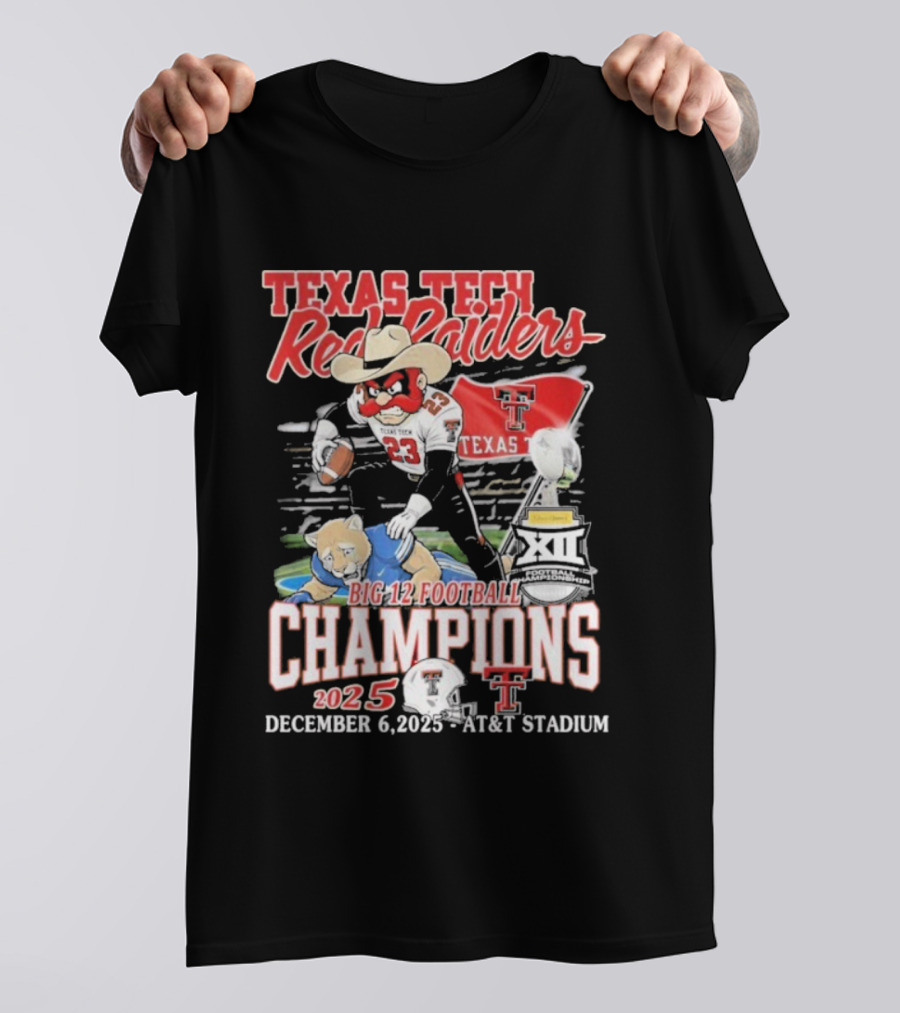 Texas Tech Red Raiders Big 12 Football Champions 2025 Victory Over Brigham Young Cougars December 6 Jones AT&T Stadium T-Shirt