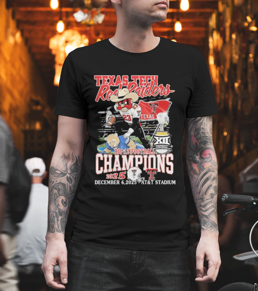 Texas Tech Red Raiders Big 12 Football Champions 2025 Victory Over Brigham Young Cougars December 6 Jones AT&T Stadium T-Shirt