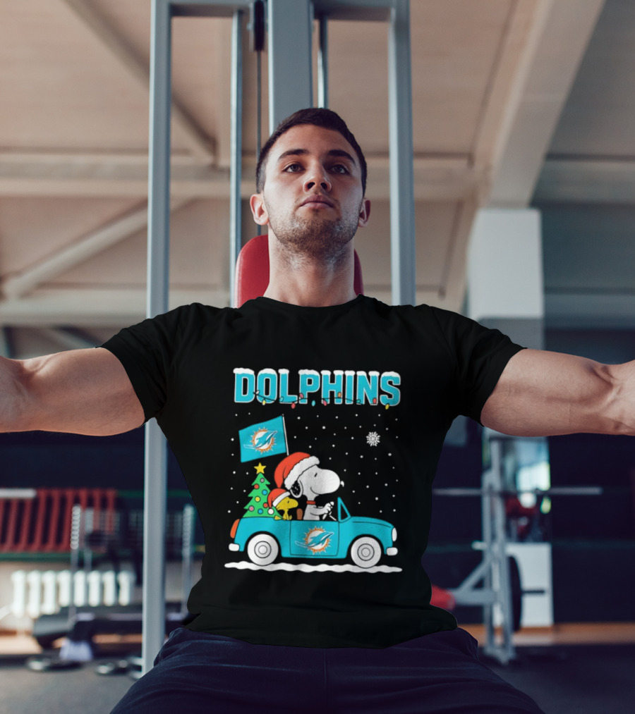 Snoopy WoodStock Santa Christmas Miami Dolphins Car Holiday Scene T-Shirt