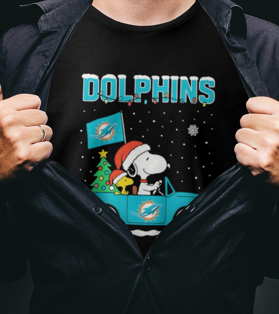 Snoopy WoodStock Santa Christmas Miami Dolphins Car Holiday Scene T-Shirt