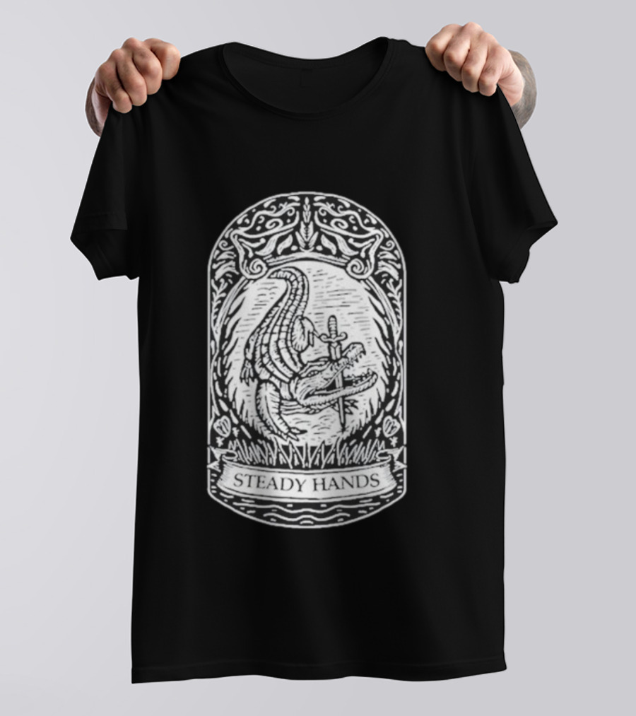 Steady Hands Crocodile Sword Banner T-Shirt