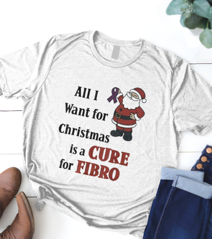 Santa Claus All I Want For Christmas Is A Cure For Fibro Purple Ribbon T-Shirt