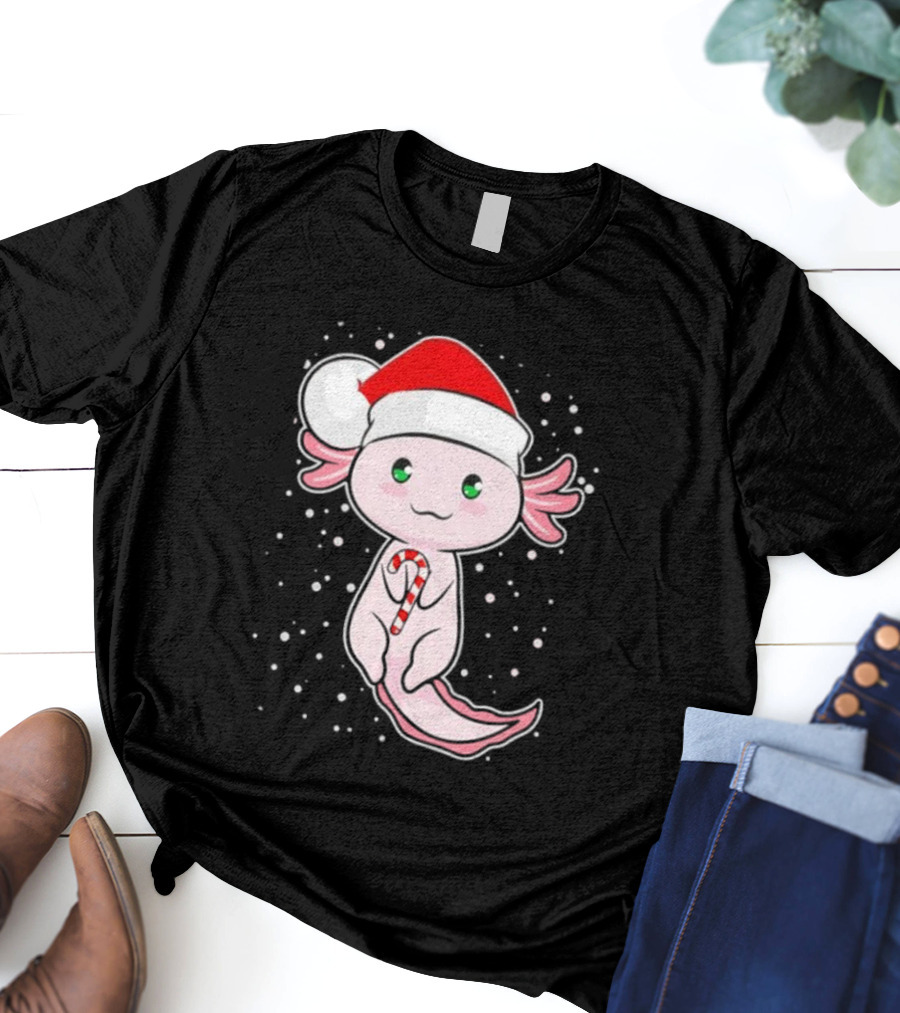 Axolotl Christmas Candy Cane Santa Hat Cute Holiday Snowflakes T-Shirt