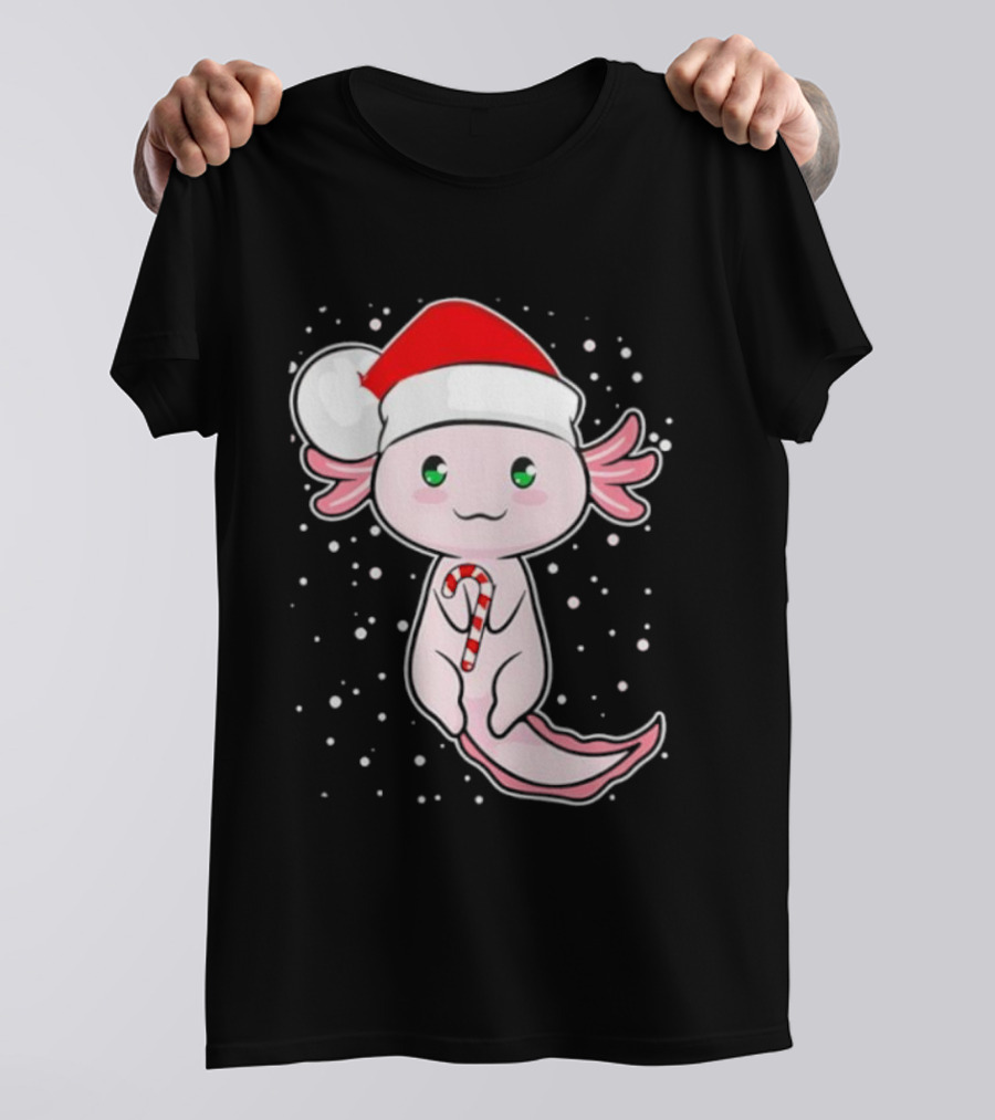 Axolotl Christmas Candy Cane Santa Hat Cute Holiday Snowflakes T-Shirt