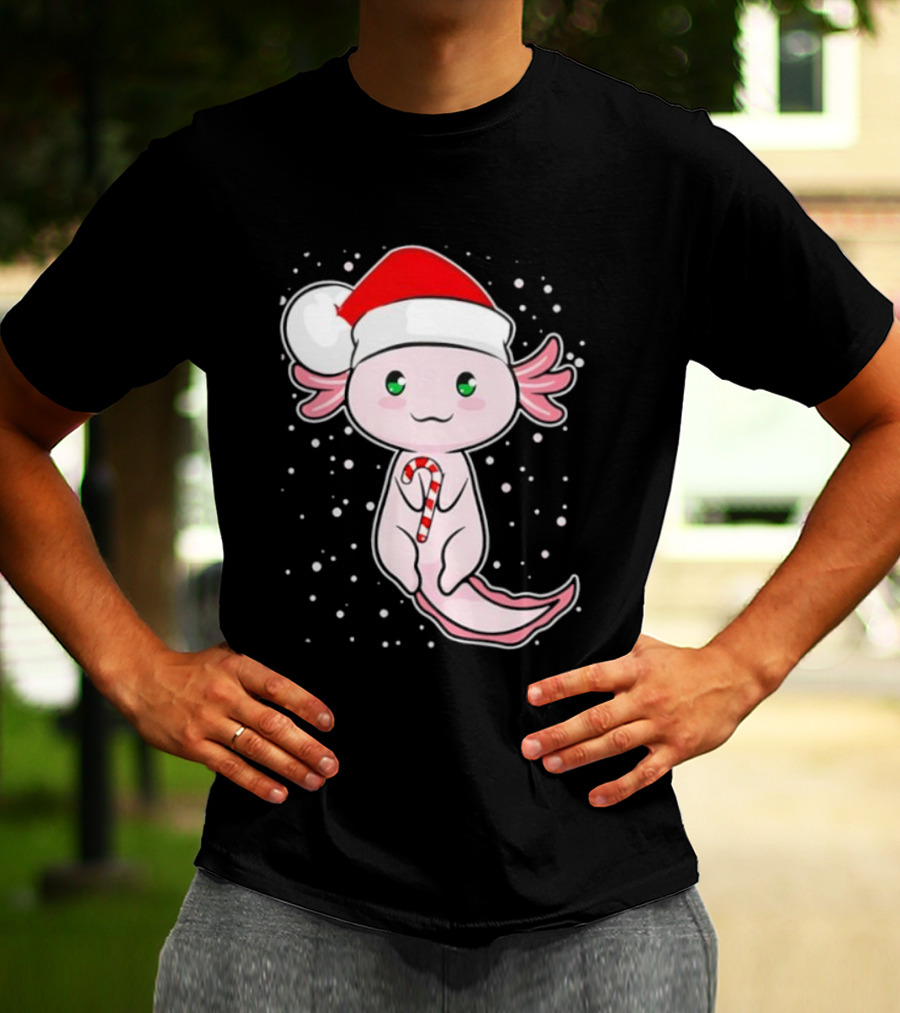 Axolotl Christmas Candy Cane Santa Hat Cute Holiday Snowflakes T-Shirt