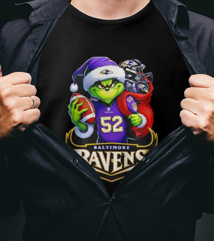 Baltimore Ravens Grinch Santa Hat Holding Football Ravens Logo Grinchmas T-Shirt