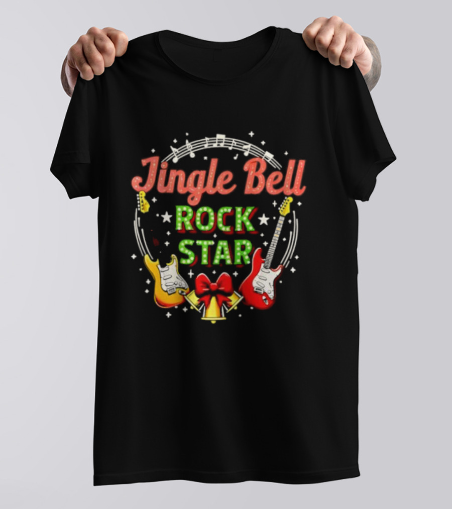 Jingle Bell Rock Star Christmas Music Guitar Holiday Bow T-Shirt