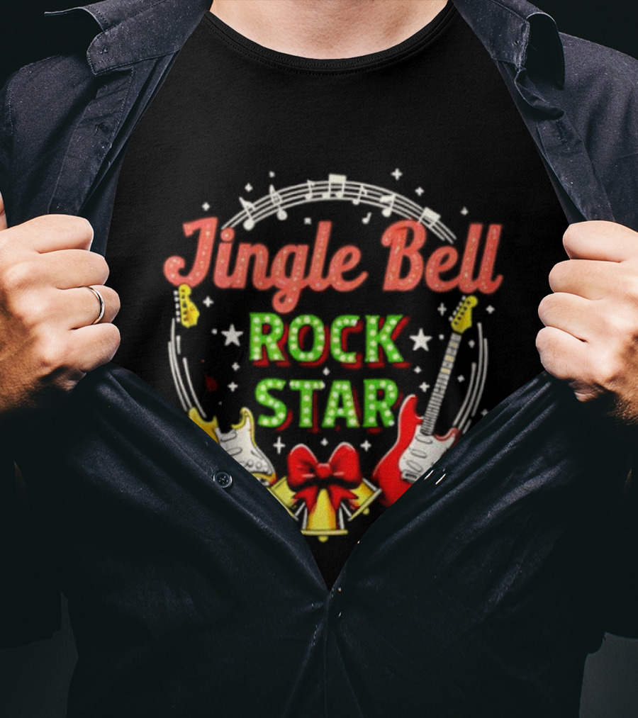 Jingle Bell Rock Star Christmas Music Guitar Holiday Bow T-Shirt