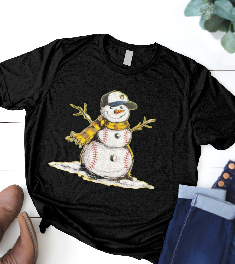 Milwaukee Brewers Baseball Snowman Wearing Cap With Scarf T-Shirt