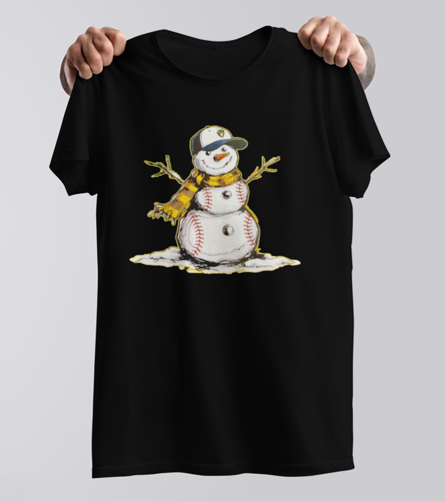 Milwaukee Brewers Baseball Snowman Wearing Cap With Scarf T-Shirt