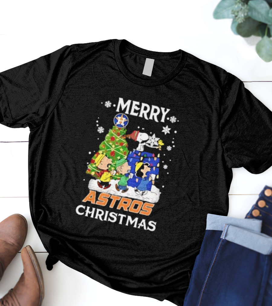 Merry Astros Christmas Snoopy And Friends Holiday Baseball Celebration T-Shirt