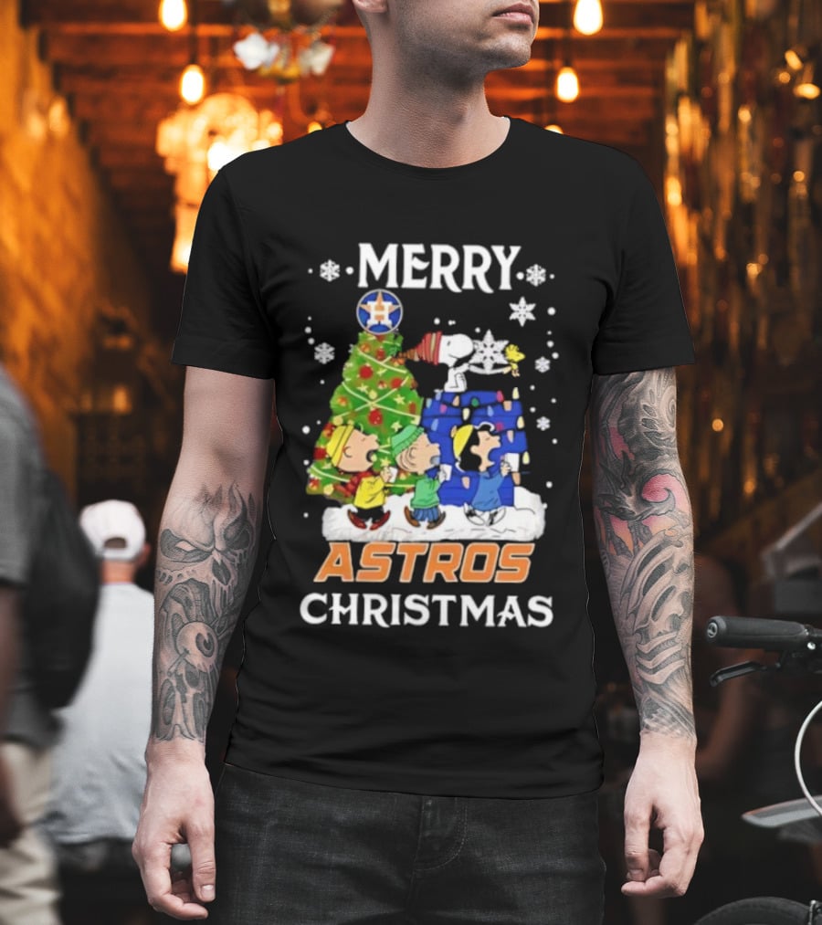 Merry Astros Christmas Snoopy And Friends Holiday Baseball Celebration T-Shirt