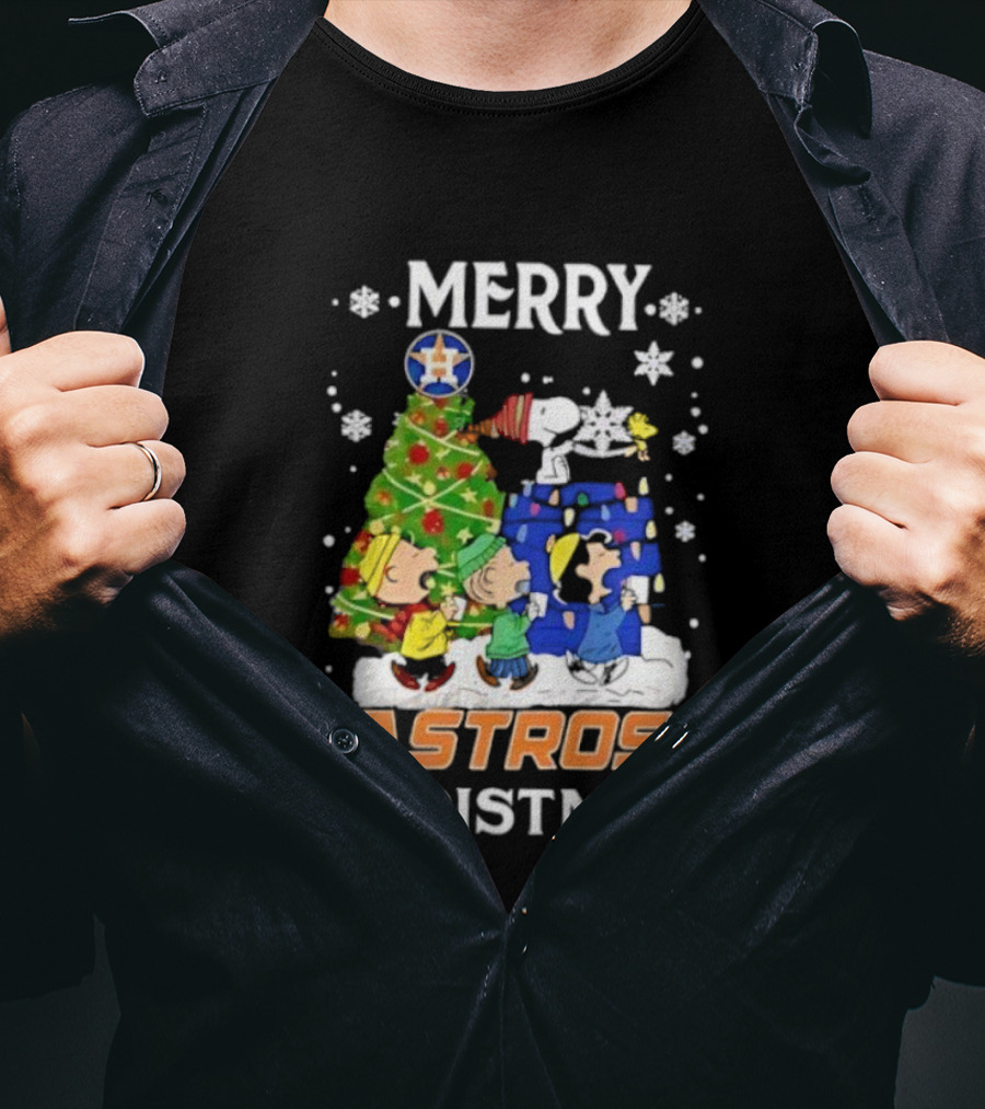Merry Astros Christmas Snoopy And Friends Holiday Baseball Celebration T-Shirt