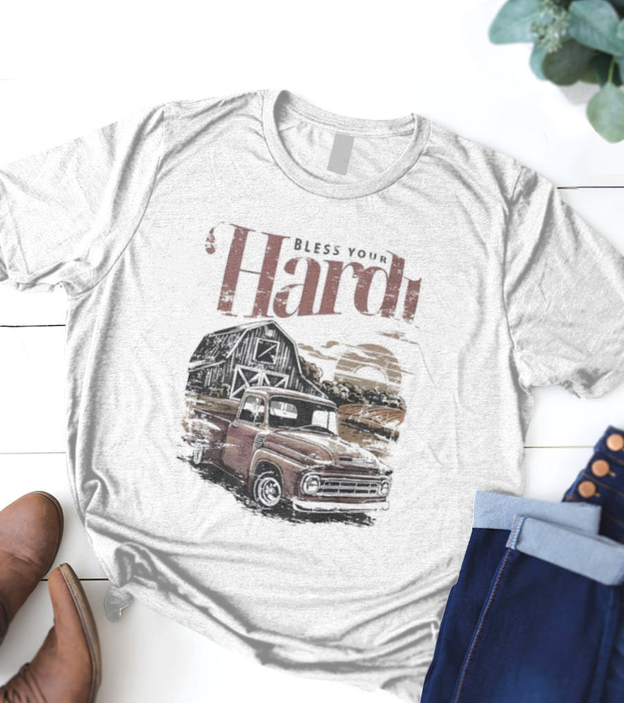 Bless Your Hardt Vintage Truck Barn Sunset Scene T-Shirt