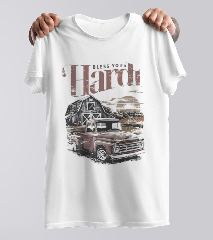 Bless Your Hardt Vintage Truck Barn Sunset Scene T-Shirt