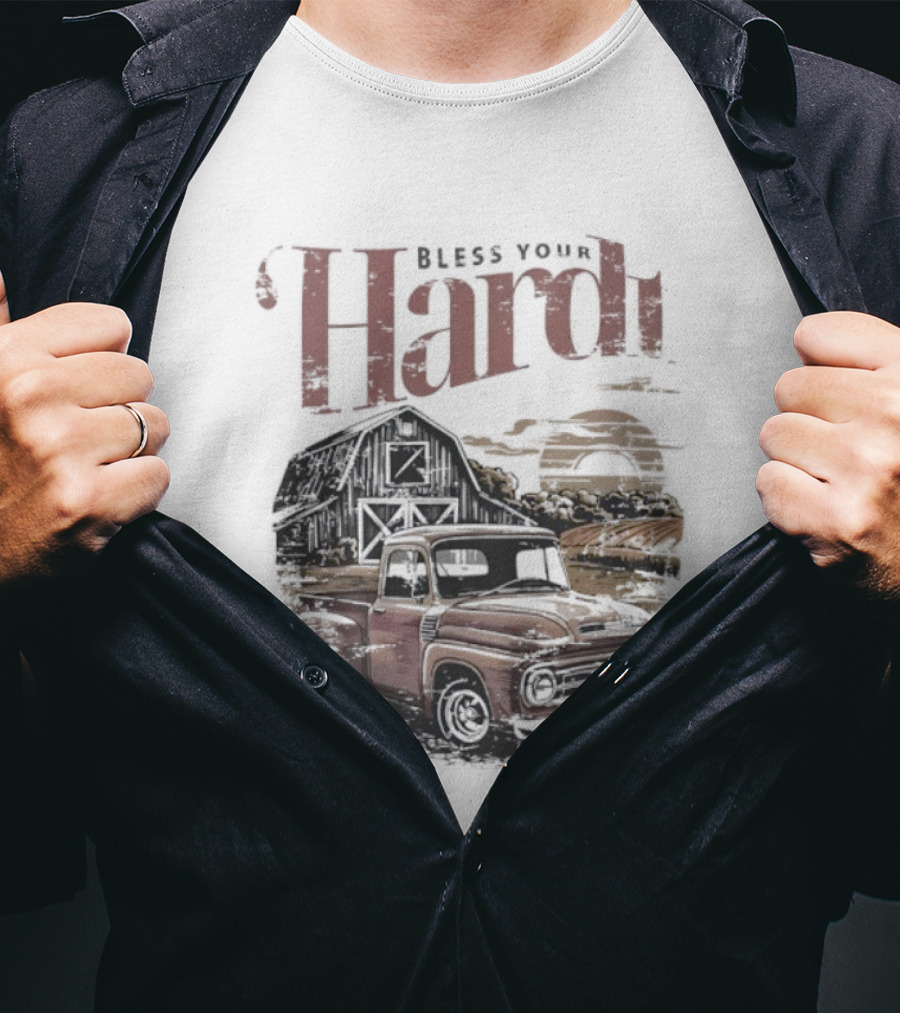 Bless Your Hardt Vintage Truck Barn Sunset Scene T-Shirt