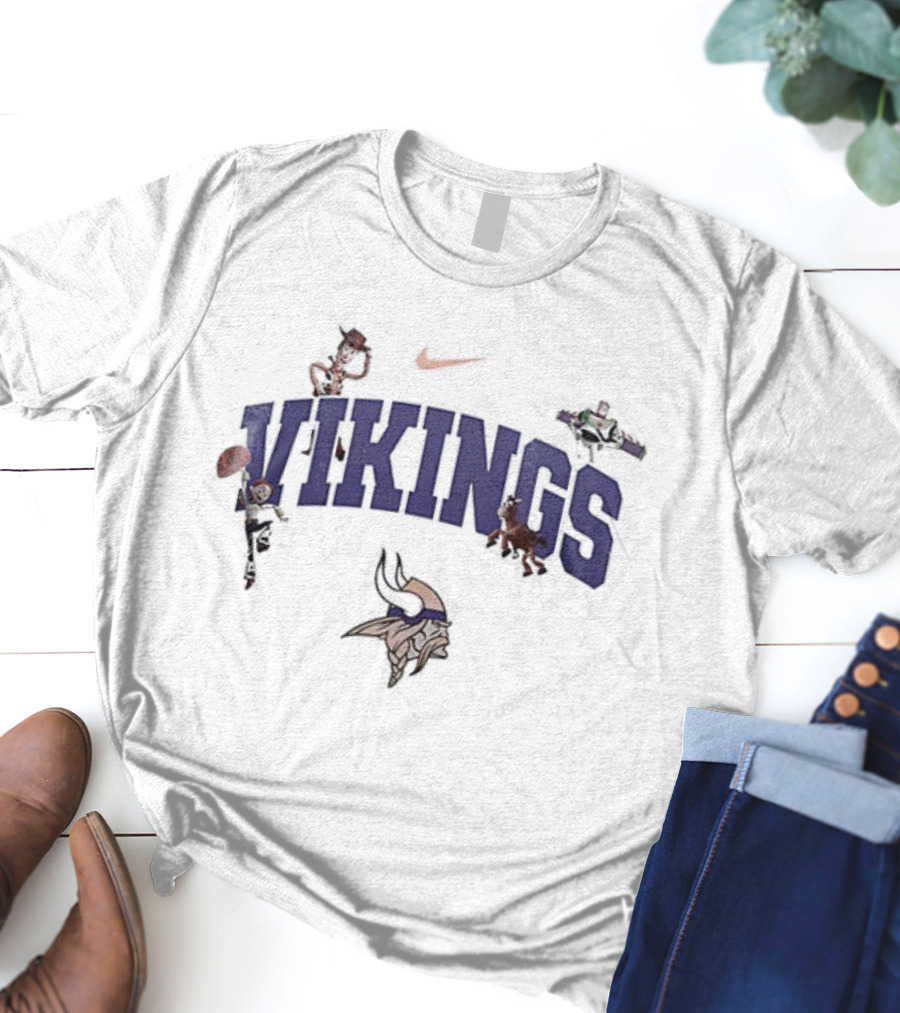 Nike Minnesota Vikings Toy Story Collaboration With Woody, Buzz Lightyear, And Mr. Potato Head T-Shirt