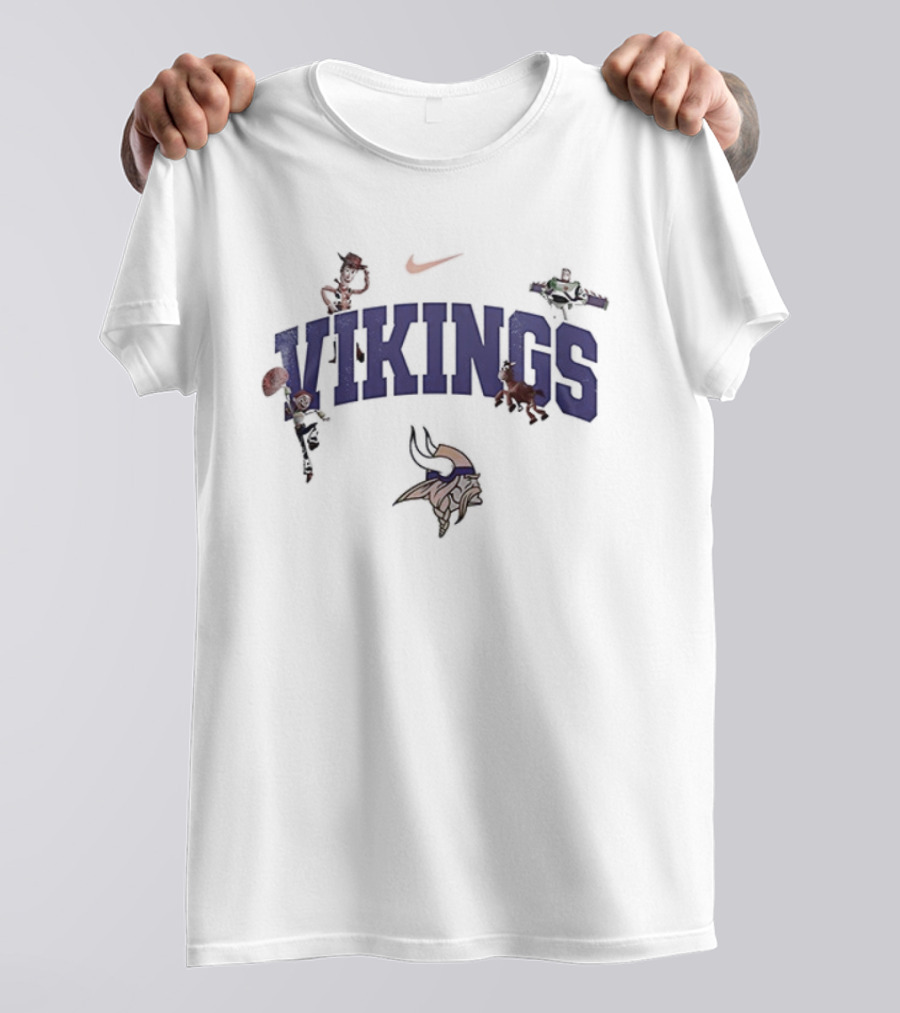 Nike Minnesota Vikings Toy Story Collaboration With Woody, Buzz Lightyear, And Mr. Potato Head T-Shirt