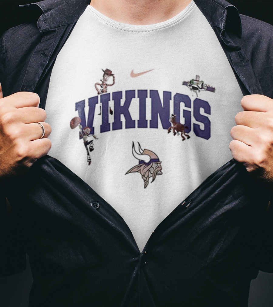 Nike Minnesota Vikings Toy Story Collaboration With Woody, Buzz Lightyear, And Mr. Potato Head T-Shirt