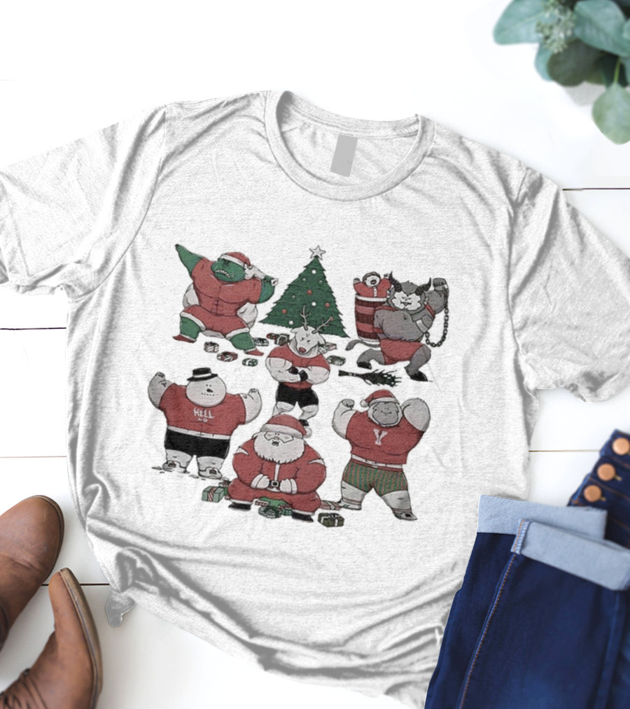 Merry Muscular Santa Grinch Bigfoot Krampus Reindeer Christmas T-Shirt