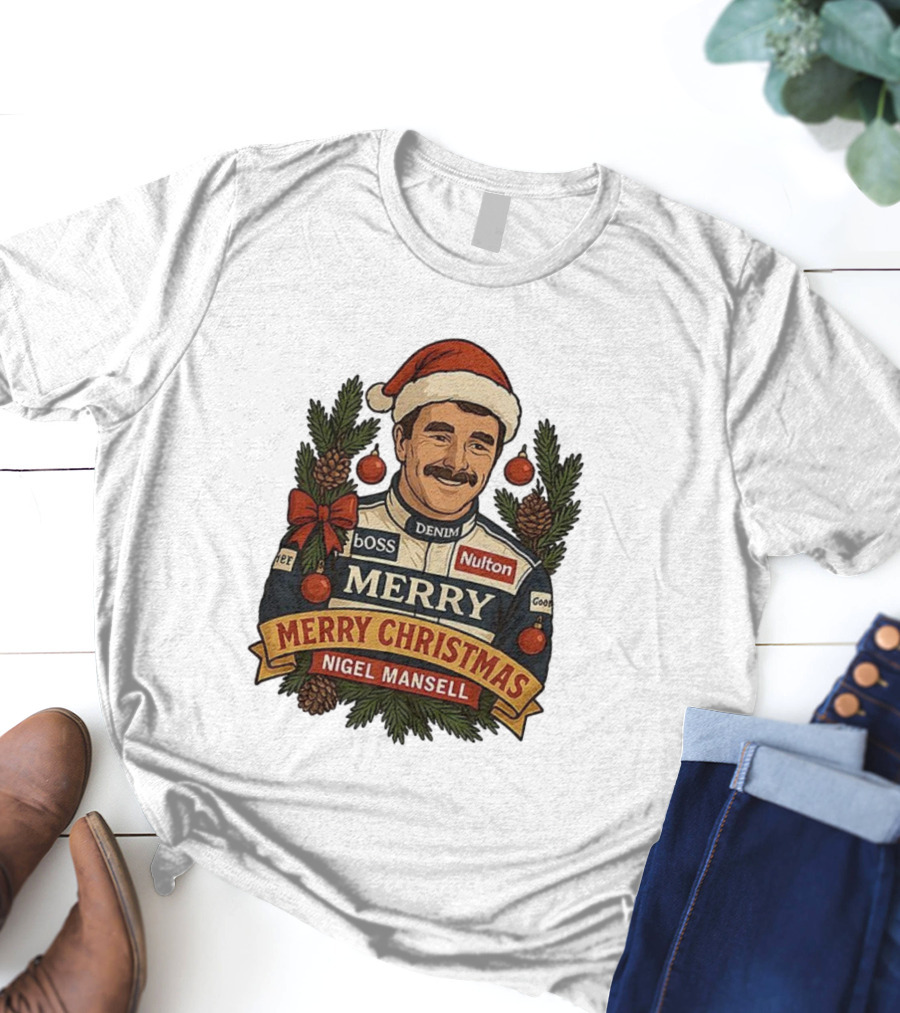 Nigel Mansell Merry Christmas Boss Denim Nulton Goodyear Racing Santa Hat Pinecones T-Shirt