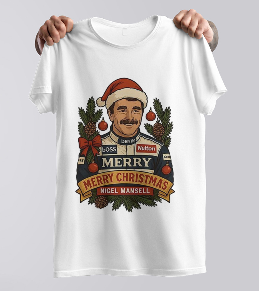 Nigel Mansell Merry Christmas Boss Denim Nulton Goodyear Racing Santa Hat Pinecones T-Shirt