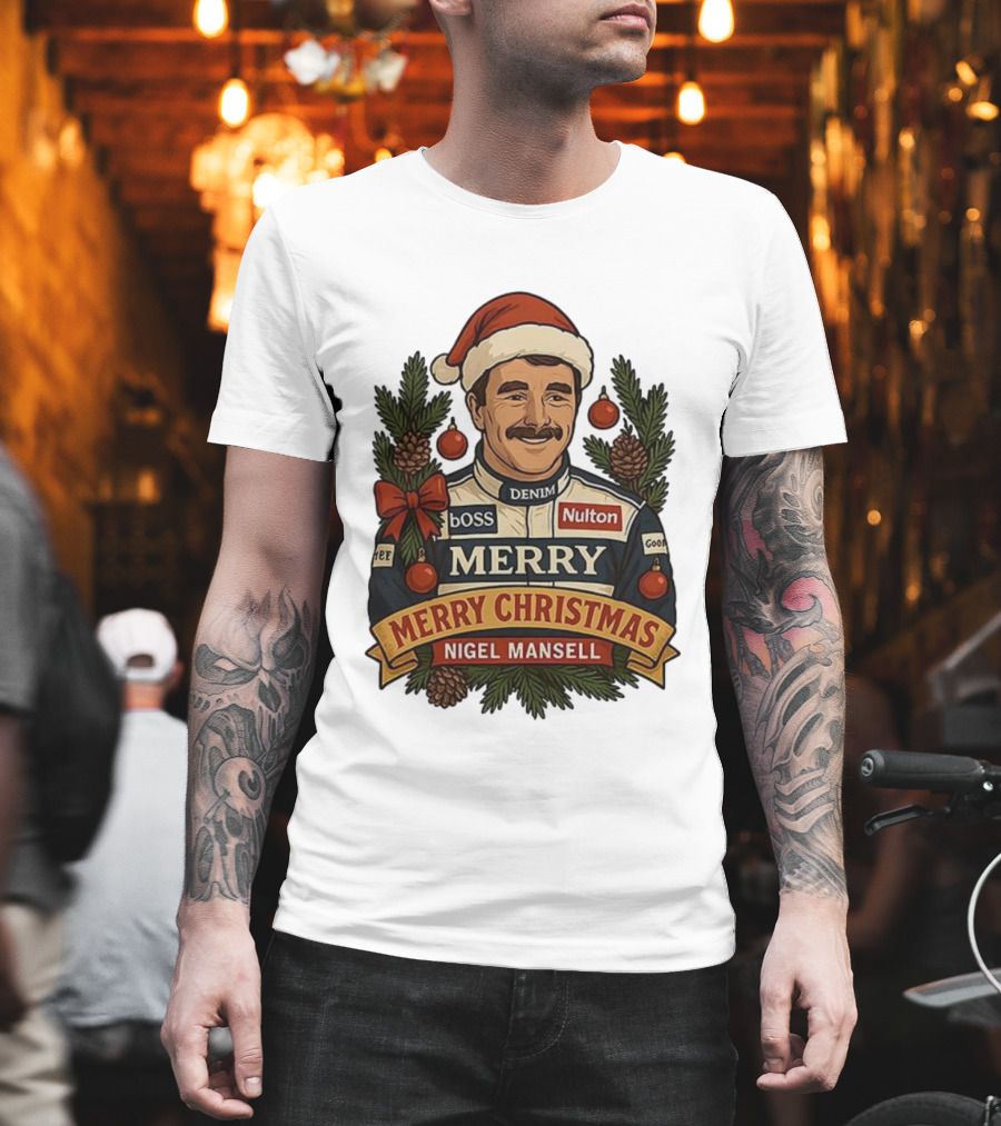 Nigel Mansell Merry Christmas Boss Denim Nulton Goodyear Racing Santa Hat Pinecones T-Shirt