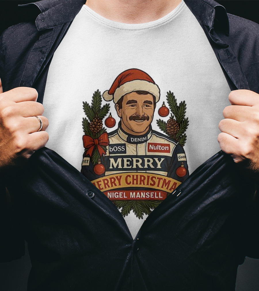 Nigel Mansell Merry Christmas Boss Denim Nulton Goodyear Racing Santa Hat Pinecones T-Shirt