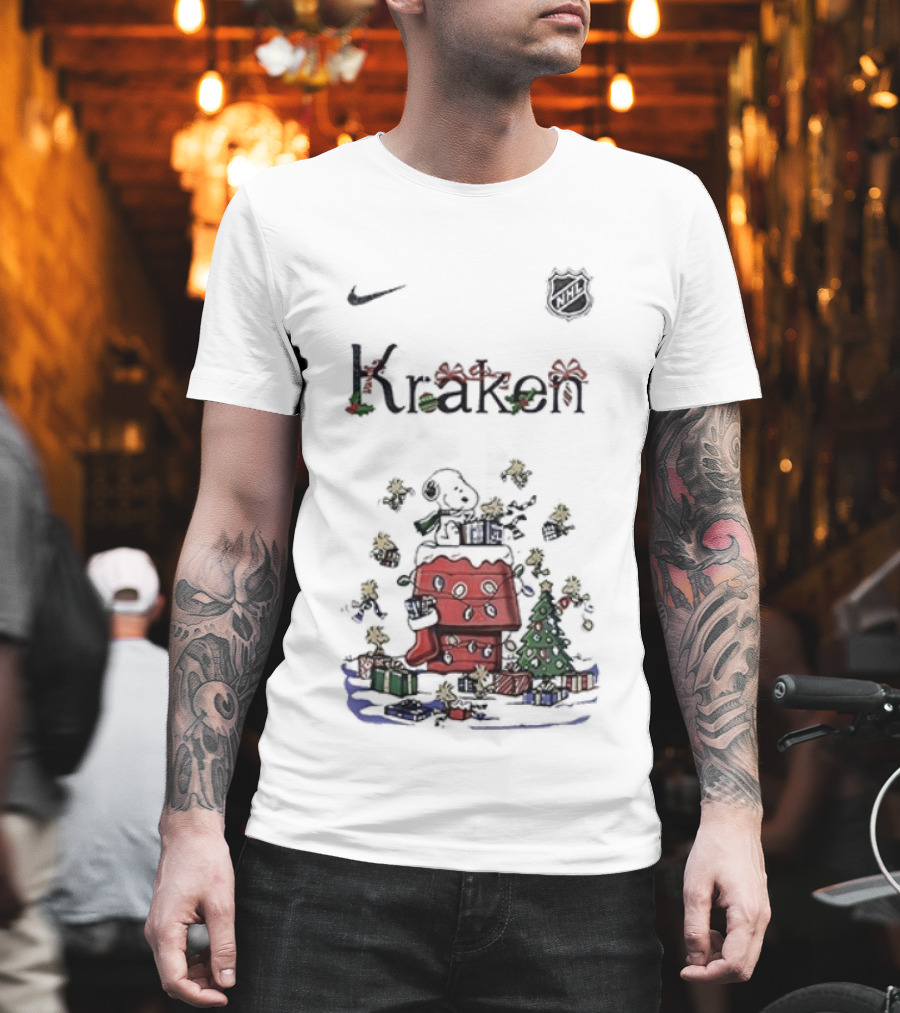 Nike Snoopy Christmas Seattle Kraken Peanuts Holiday Collaboration T-Shirt