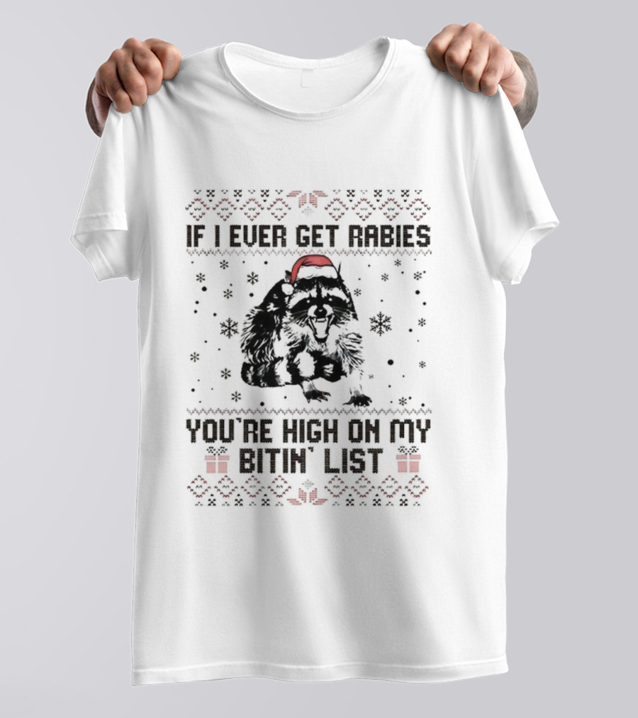 Raccoon If I Ever Get Rabies You're High On My Bitin' List Ugly Christmas Sweater Santa Hat Snowflakes Present T-Shirt