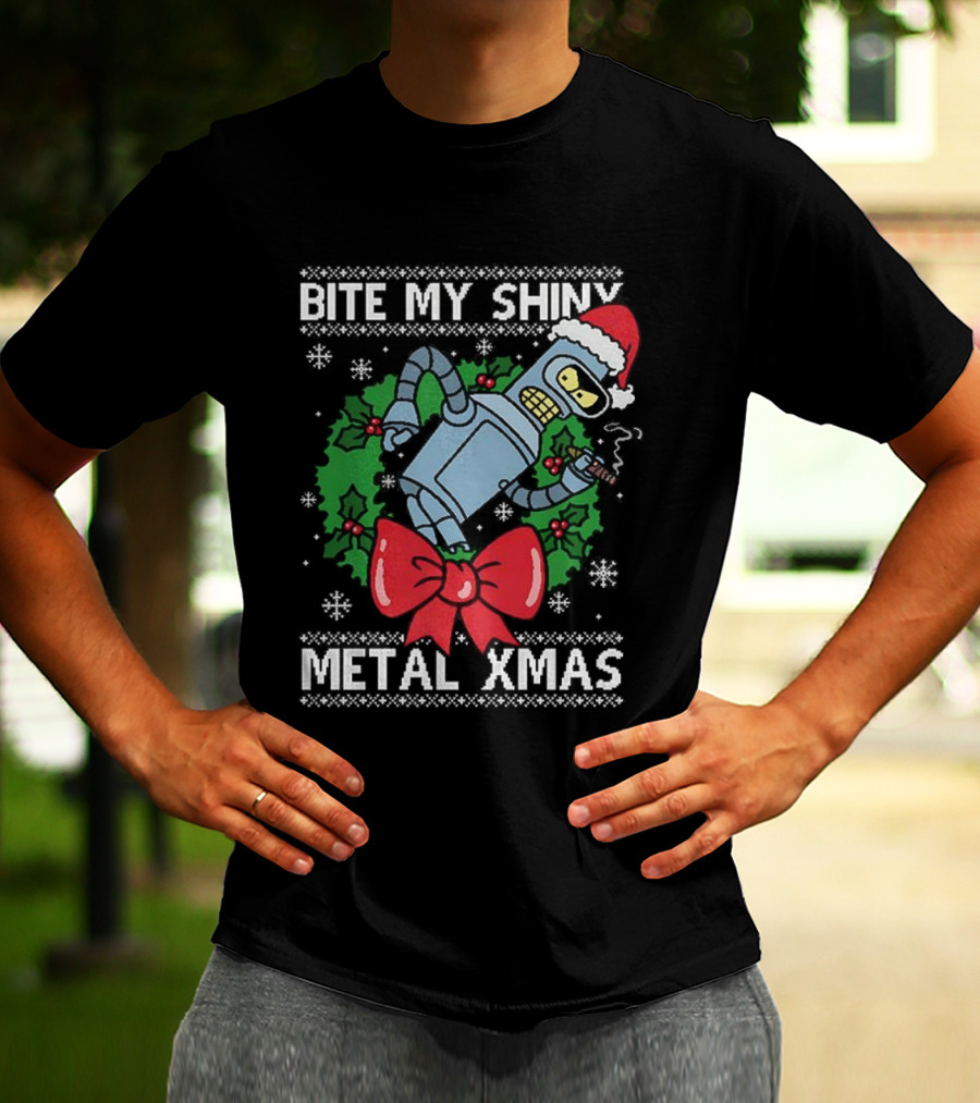 Bite My Shiny Metal Xmas Bender Ugly Christmas T-Shirt