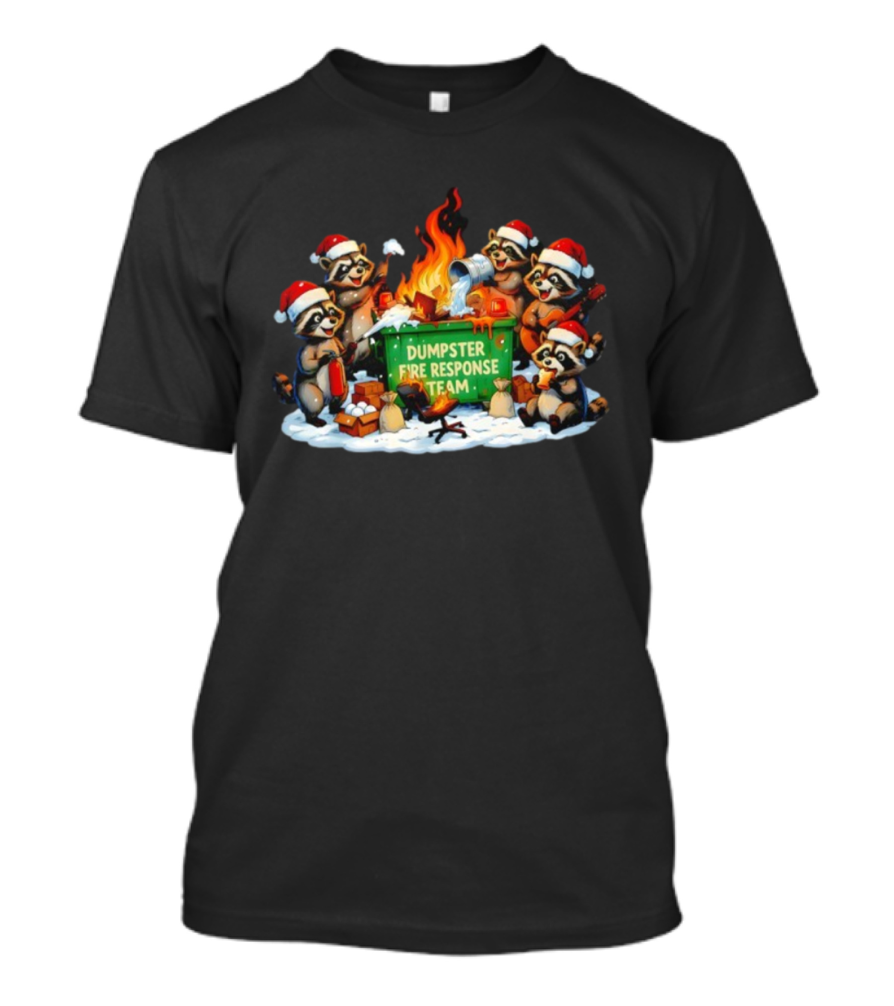 Dumpster Fire Response Team Raccoons Christmas Santa Hats Holiday Humor T-Shirt