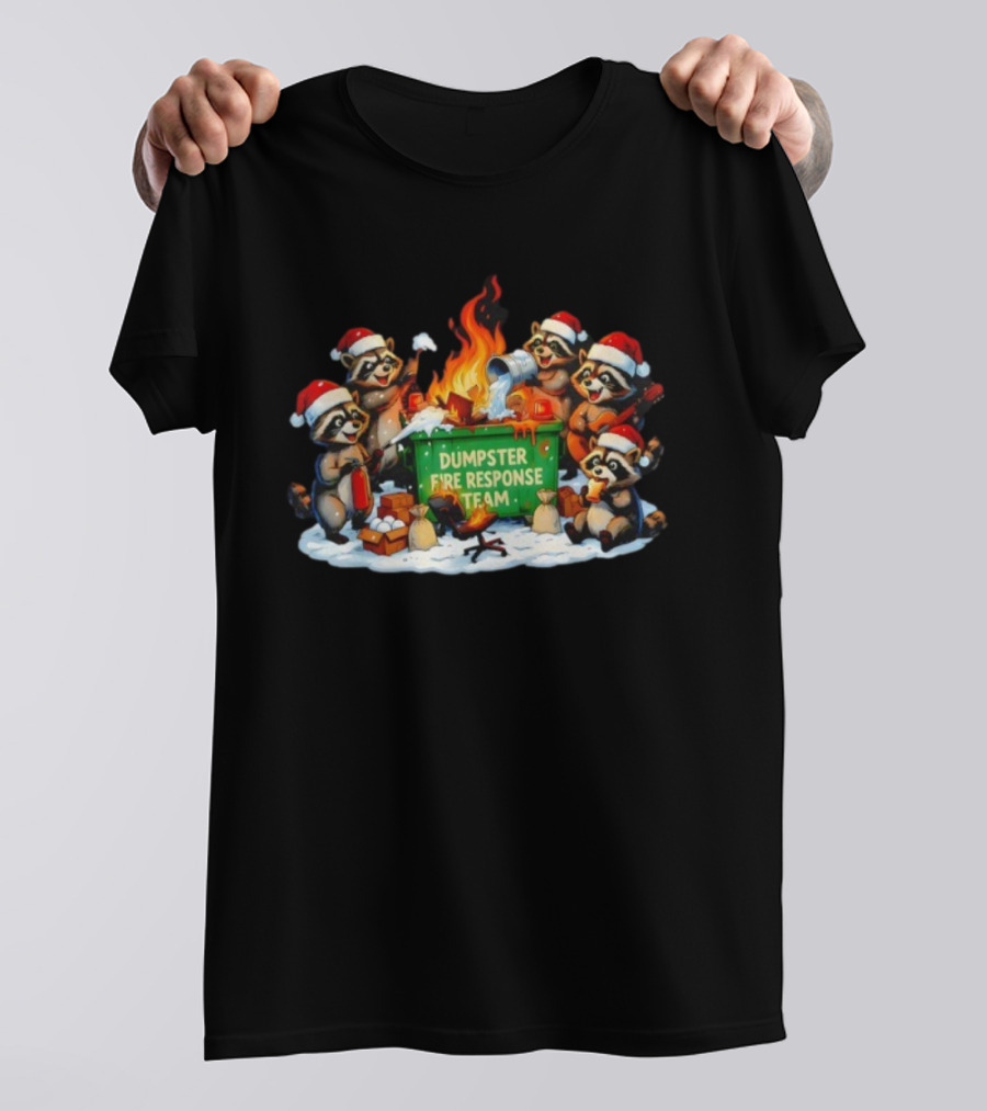 Dumpster Fire Response Team Raccoons Christmas Santa Hats Holiday Humor T-Shirt