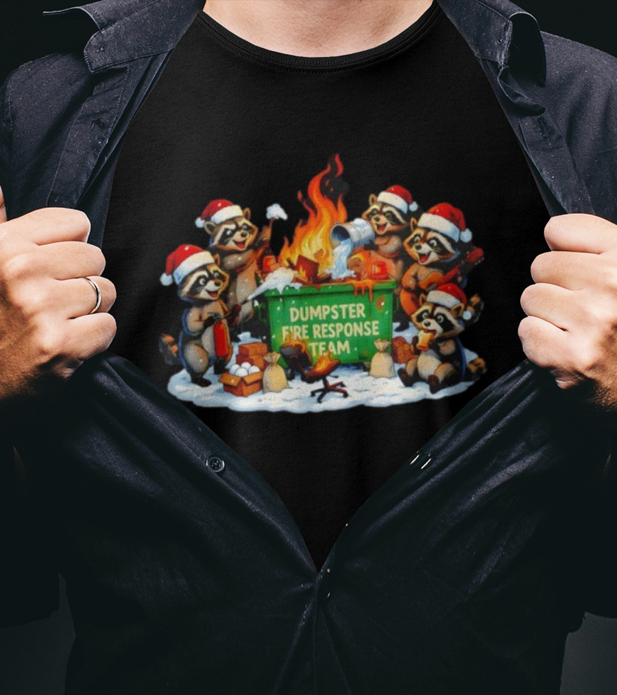 Dumpster Fire Response Team Raccoons Christmas Santa Hats Holiday Humor T-Shirt