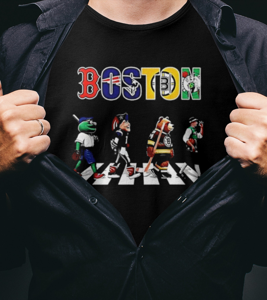 Boston Sports Red Sox Patriots Bruins Celtics Mascots Abbey Road T-Shirt