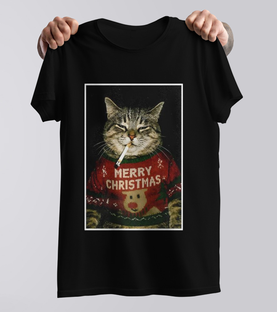Merry Christmas Smoking Cat Funny Holiday Sweater Meme T-Shirt