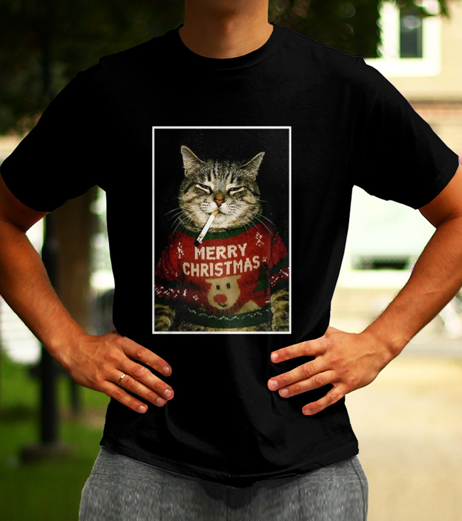 Merry Christmas Smoking Cat Funny Holiday Sweater Meme T-Shirt