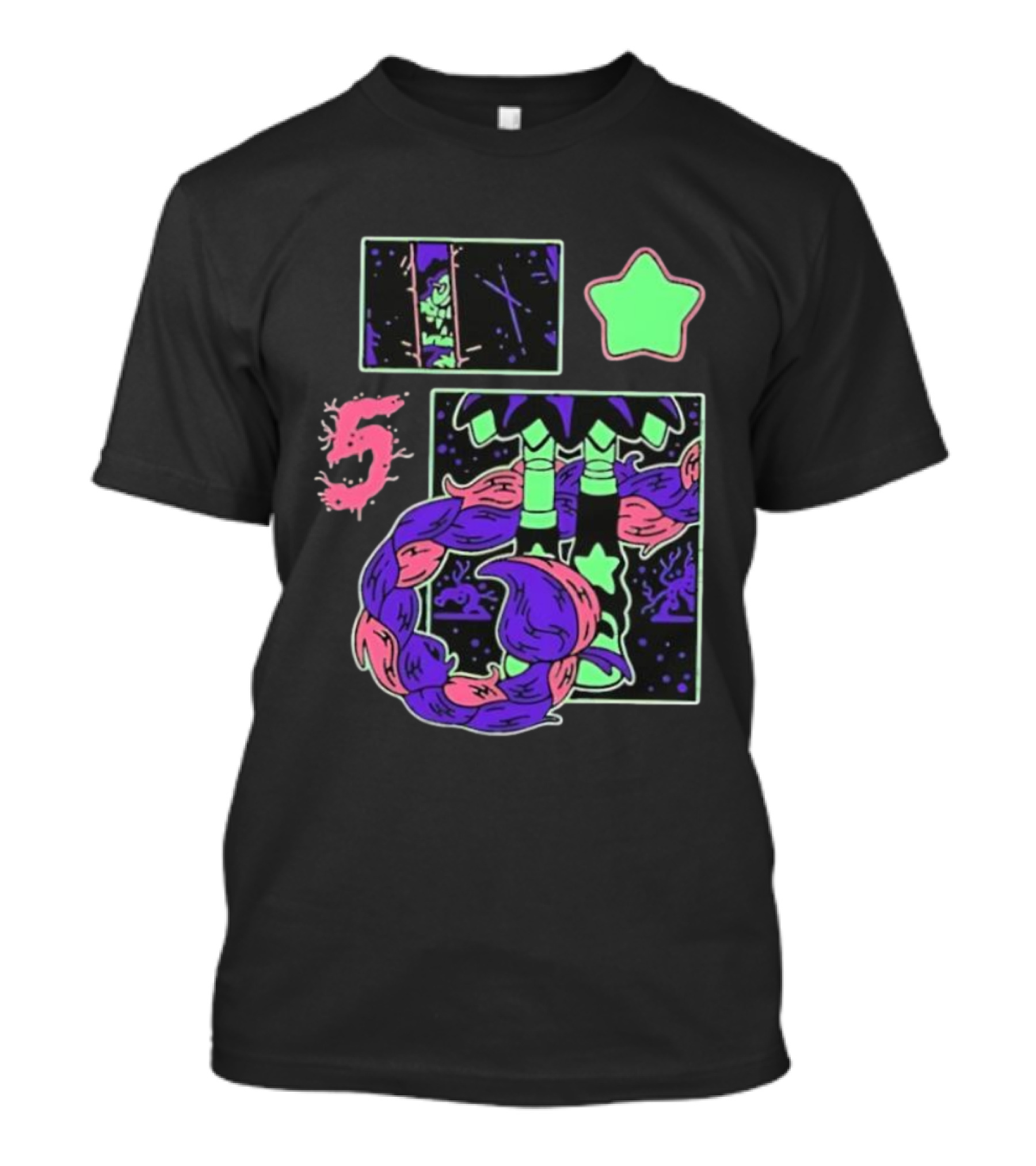 Poppy Theory Neon Star Braided Hair Cosmic Number 5 T-Shirt
