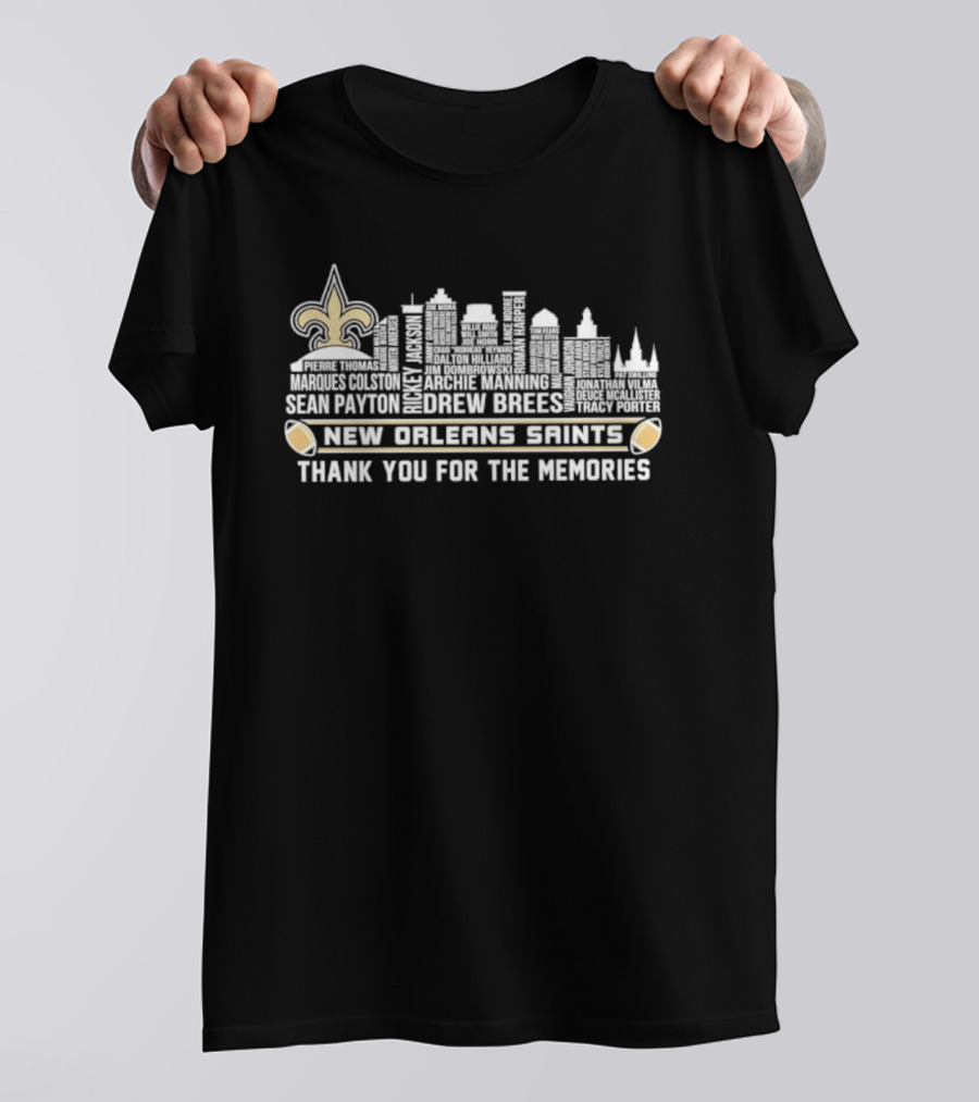 New Orleans Saints Sean Payton Drew Brees Thank You For The Memories NFL Skyline T-Shirt