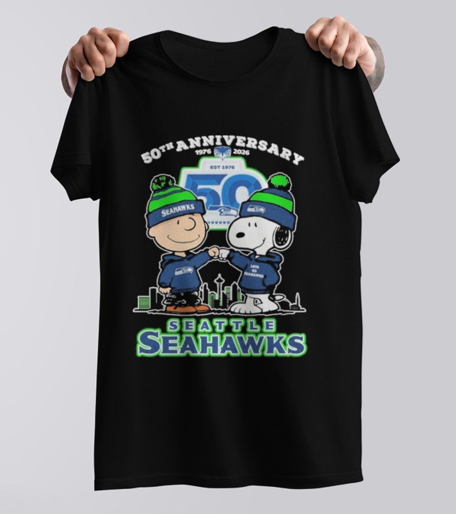 Snoopy Charlie Brown Peanuts Seattle Seahawks 50th Anniversary 1976-2025 T-Shirt